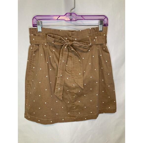 Blu Pepper Mini Skirt L Brown White Polka Dot High Waisted Belted Ruffle Waist - Picture 1 of 8